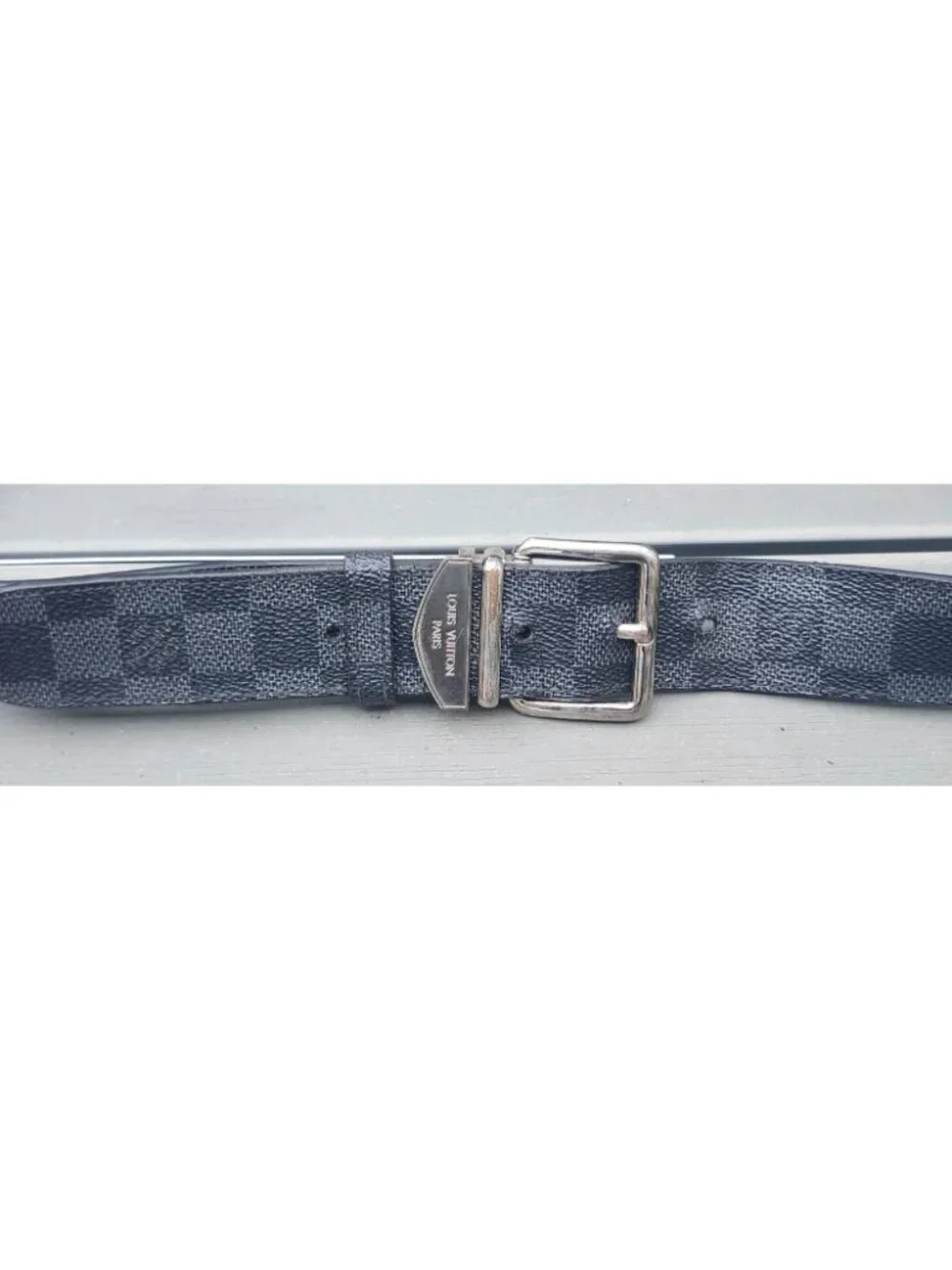 Louis Vuitton M9708 Damier Graphite Men’s Belt Black Silver Buckle Size 90/36